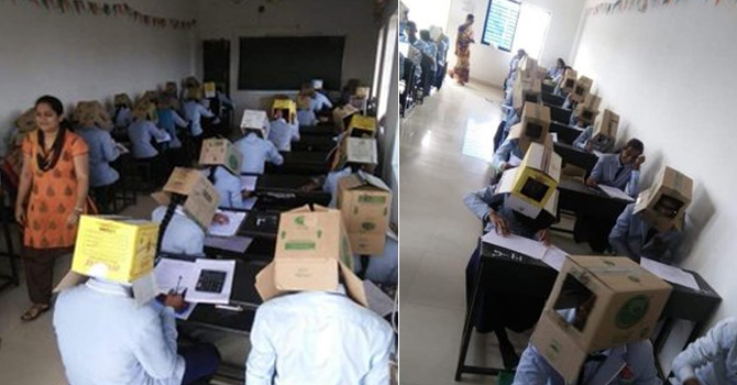 Kopya furyasıyla mücadele: Öğrenciler kafalarında karton kutularla sınava sokuldu