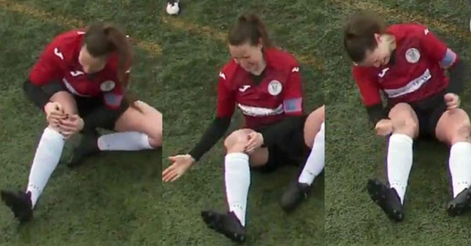 Kadın futbolcu yerinden çıkan diz kapağını yumruklayarak yerine taktı