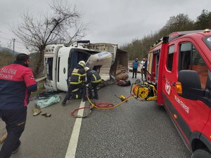 Tomruk yüklü TIR devrildi: 2 ölü
