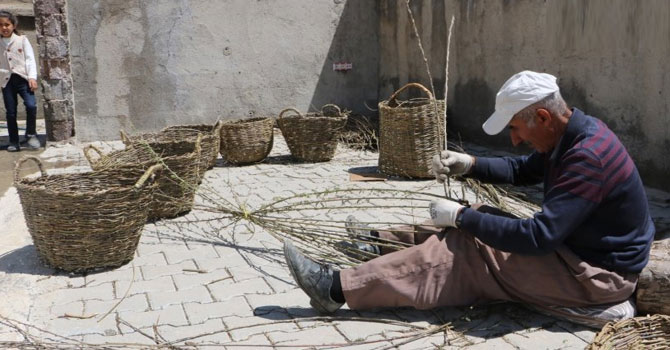 Ağaç dallarından sepet yapıyor