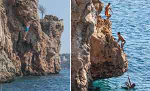 Gençlerin kayalıklarda tehlikeli eğlencesi