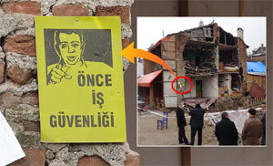 Üzerinde 'önce iş güvenliği' yazılı levha asılı duvar çöktü