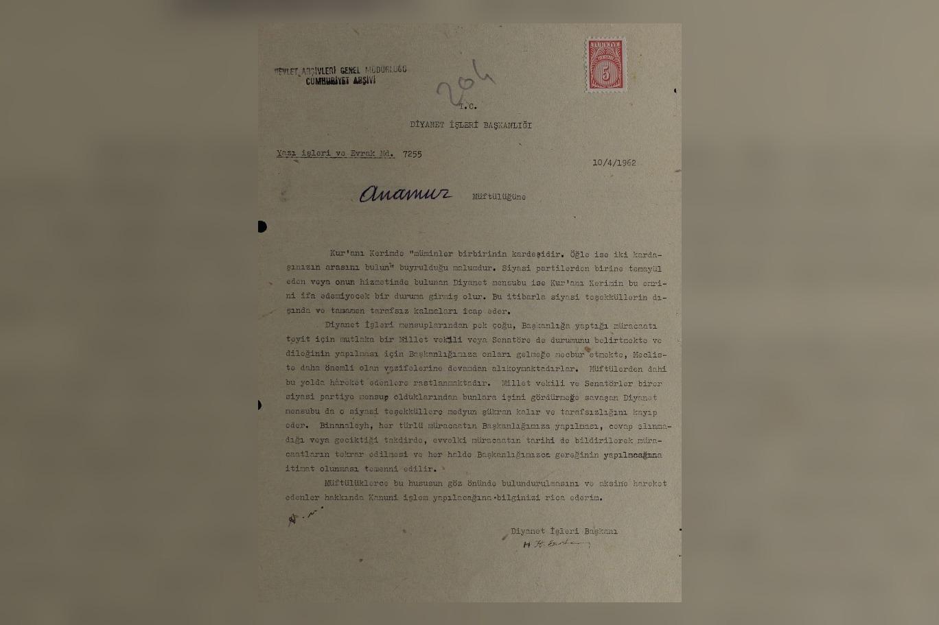 Diyanet İşleri Başkanlığı arşivinden tarihi torpil uyarı belgesi