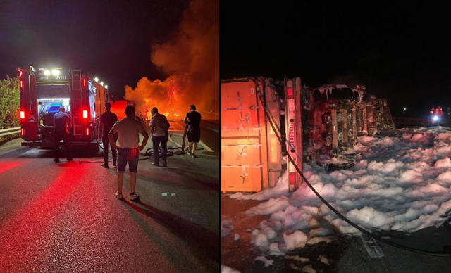 Devrilen TIR'da yangın çıktı, araçta mahsur kalan sürücü yangında öldü