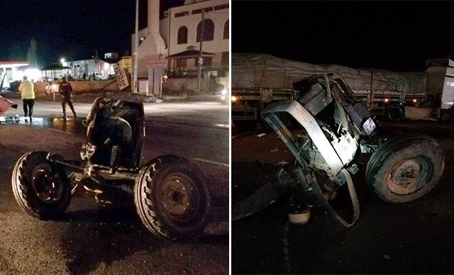 TIR'la çarpışan traktör ikiye bölündü