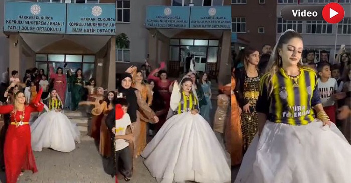 Hakkâri’de Düğün alanına gelinliğinin üzerine giydiği formasıyla girdi