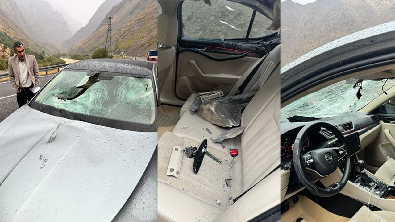 Otomobil üzerine kaya parçaları düştü