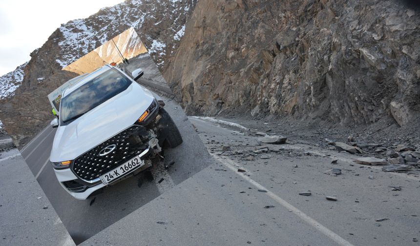 Hakkari'de bir aracın üzerine kaya düştü