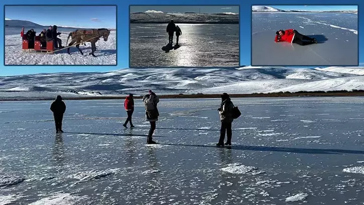 Çıldır Gölü'nün yüzeyi, buz tutmaya başladı