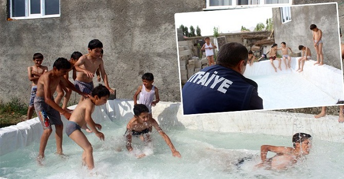 Yüksekovalı çocukların briket ve brandalı havuz keyfi