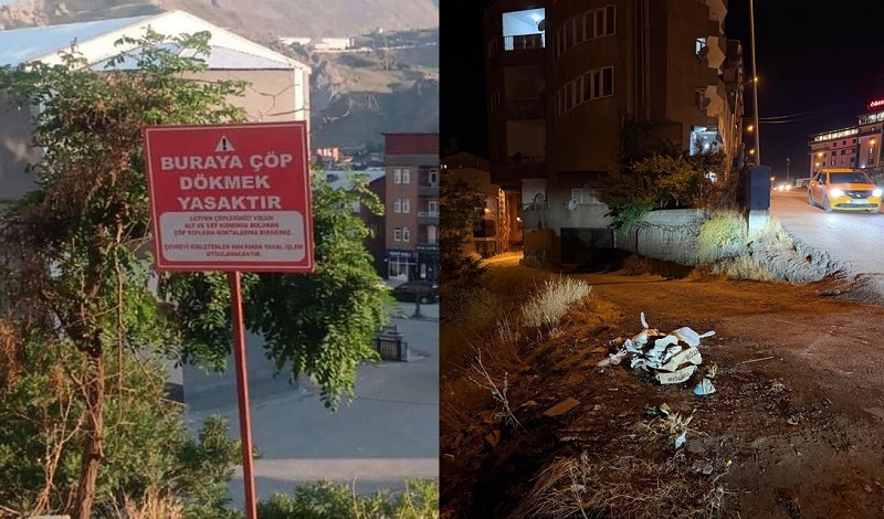 Hakkari’de uyarı tabelasını söküp aynı noktaya çöp bıraktılar